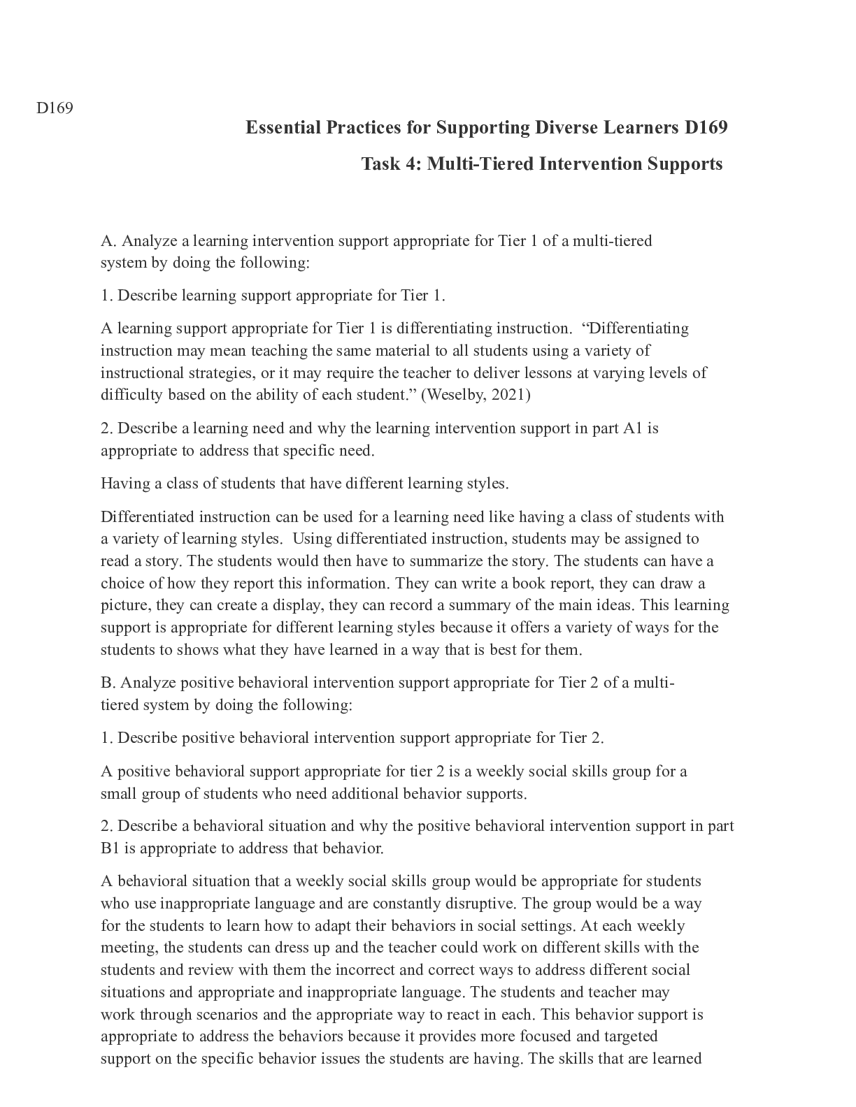 Preview image of Task 4 D169.docx  D169  Essential Practices for Supporting Diverse Learners D169  Task 4: document